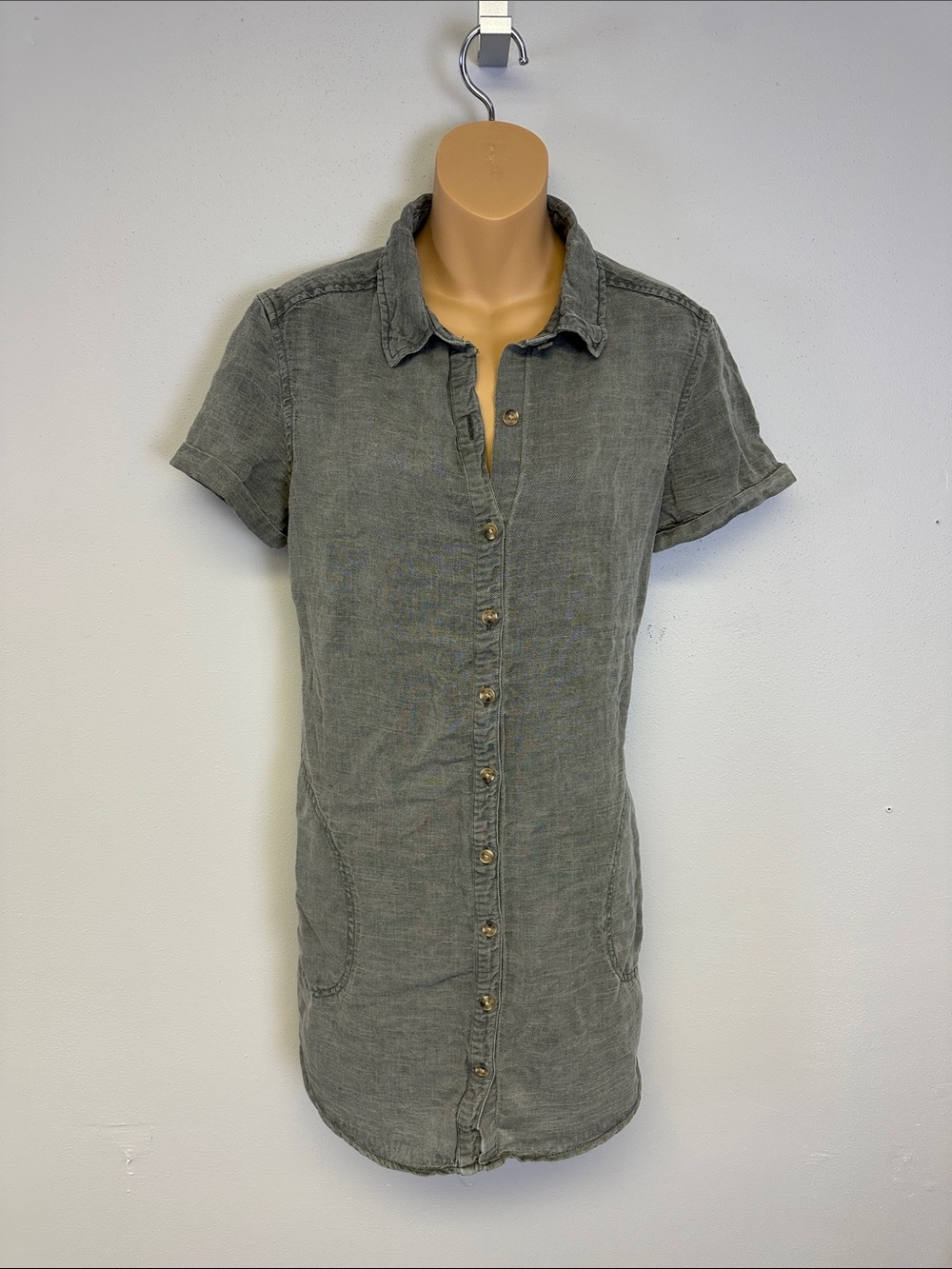 Lucky Brand Linen Blend Button Front Mini Shirt Dress in Olive Gray with Pockets